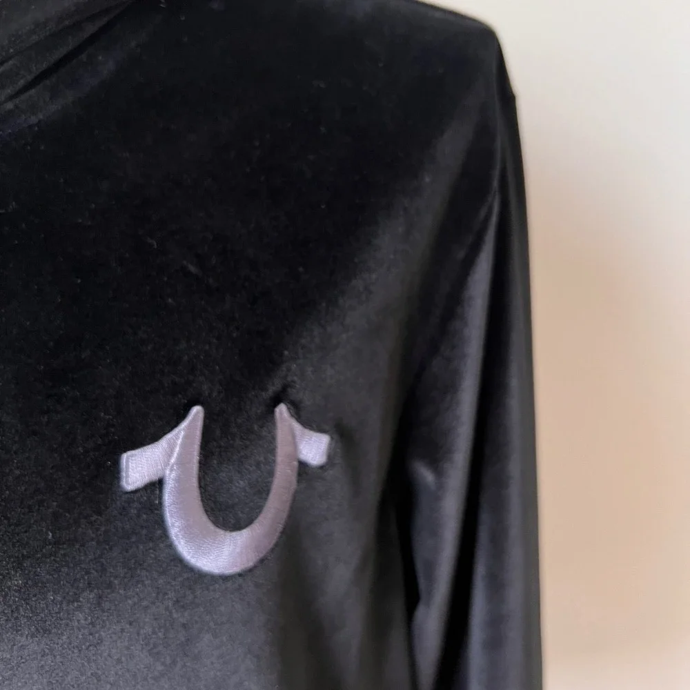 True Religion‎ Mens Black Velour Zip Up Hoodie Horseshoe Velvet Logo Black NWOT